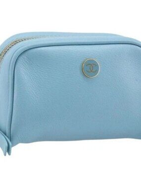 CHANEL Pouch Leather Light Blue Gold CC Auth hk3542